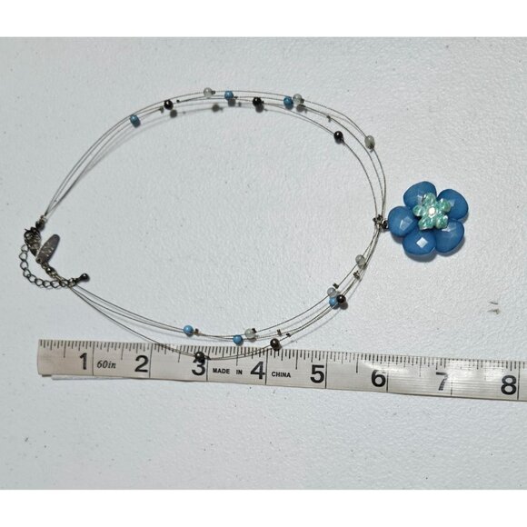 Vintage Blue Floral Pendant Black Glass Beaded Multi Strand Wire Necklace Women - Picture 5 of 6